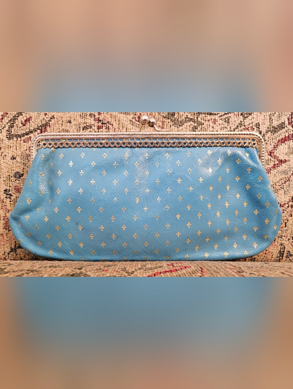 VTG 1960s Michelangelo Blue Gold Fleur De Lis Kiss Lock Clutch/Wallet